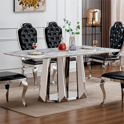 Marble Dining Table for 6 People, 70'' Rectangle Faux Marble Dining Table with Mirrored Stainless Steel Base, Large Size Marble Kitchen Table (Silver,Grey)(only Table)