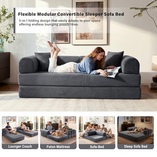79" Convertible Sofa Bed, 5-in-1 Corduroy Boneless Couch Bed Sofa Pull Out, Memory Foam Couch, No Assembly Futon Couches for Living Room Dark Grey