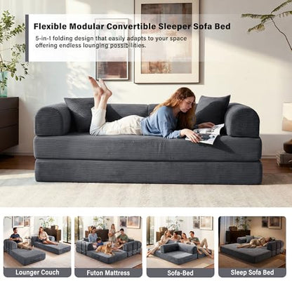 79" Convertible Sofa Bed, 5-in-1 Corduroy Boneless Couch Bed Sofa Pull Out, Memory Foam Couch, No Assembly Futon Couches for Living Room Dark Grey