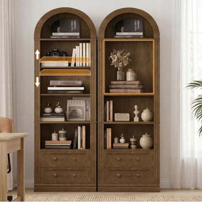 Tall Narrow Bookshelf, Arched Bookshelf with 2 Drawers, 7-Tier, view 6