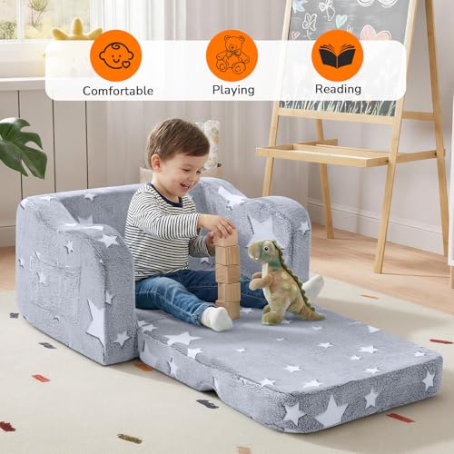 Glowing Star Kids Chair, 2-in-1 Foldable Kids Couch with Glow-in-the-Dark Star Design, Soft Foam Fold Out Lounger for Playroom and Reading, Washable Cover, Gift for Boys and Girls