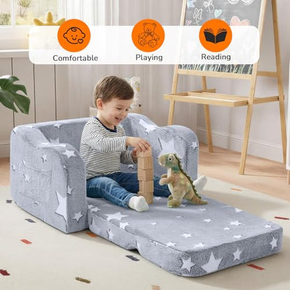Glowing Star Kids Chair, 2-in-1 Foldable Kids Couch with Glow-in-the-Dark Star Design, Soft Foam Fold Out Lounger for Playroom and Reading, Washable Cover, Gift for Boys and Girls
