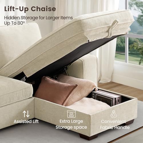 97" L-Shaped Sectional Couch with Storage, Sofa with Reversible Chaise, USB Type-C Charging, Chenille Fabric, Removable Covers, for Small Space, Apartment, Living Room (Beige, 53" Chaise)