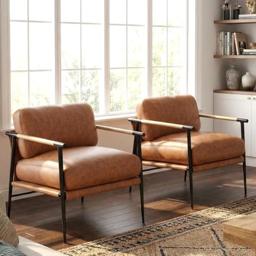 PU Leather Accent Chairs Set of 2 Brown Lounge Chairs with Metal Legs Modern Armchairs Upholstered Mid-Century Comfy Leisure Chair for Bedroom Living Room Reception Area