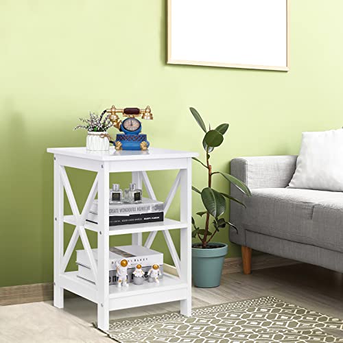 Nouva Side Table - Square Small End Table w/Storage Shelf, Tall Nightstand w/X-Design for Living Room Bedroom Office Bathroom,White