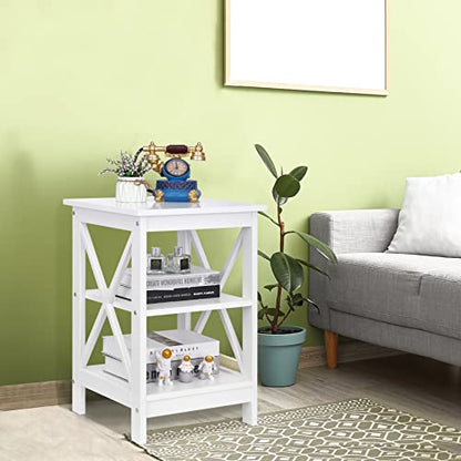 Nouva Side Table - Square Small End Table w/Storage Shelf, Tall Nightstand w/X-Design for Living Room Bedroom Office Bathroom,White