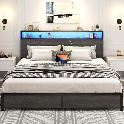 King Bed Frame with 2-Tier Storage Headboard, view 6
