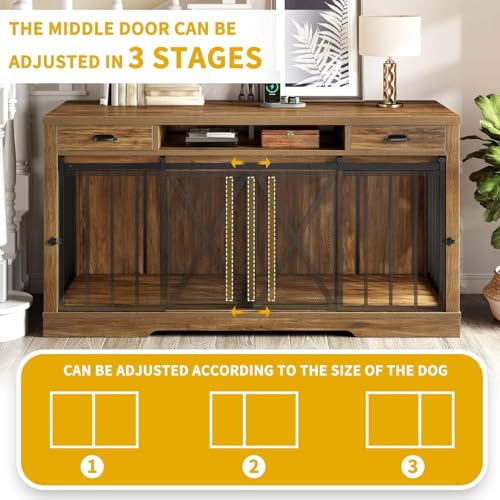 63" Double Dog Crate Furniture for 2 Dogs with Charging Station, view 5