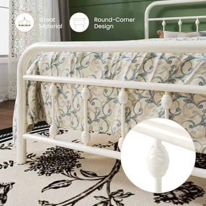 Full Metal Bed Frame with Victorian Iron-Art Headboard, Cream, view 6