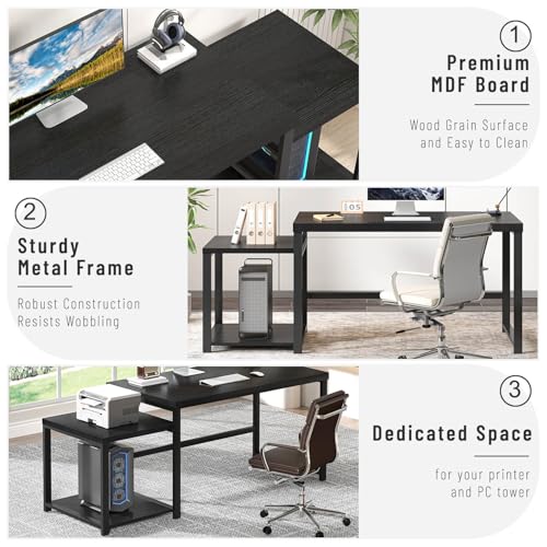 Large Home Office Desk, Black Computer Desk with Storage Shelves, Modern Wood Writing Study Gaming Table for Bedroom Living Room, 63 Inch