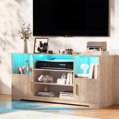 TV Stand for 55 inch with LED Light & Charging Station, Natural, view 2
