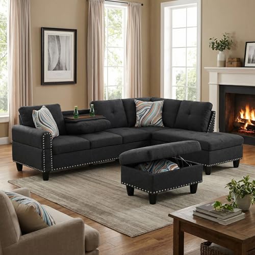 97.5" L Shaped Couch Set, Modular Sectional Couches for Living Room with Storage Ottoman, 4 Seat Home Sofa Living Room Furniture Sets with Chaise for Apartment Office (Linen, Dark Grey)