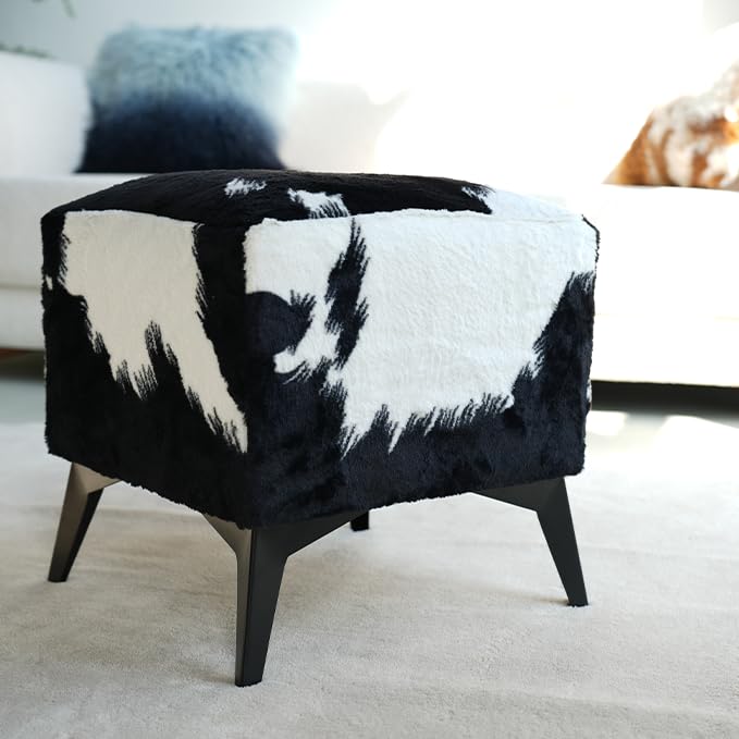 Faux Cowhide Ottoman, 16x16x17 Inch, Black White Cow Print | Upholstered Cube Foot Stool, Solid Metal Legs, Animal Print Design, Modern Farmhouse Decor for Living Room, Bedroom, Entryway