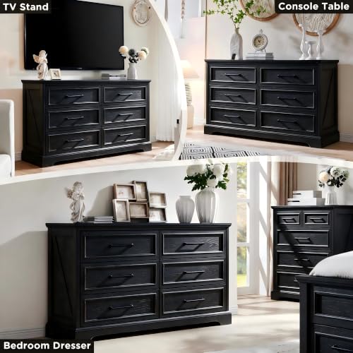 52" Wide Farmhouse 6 Drawer Dresser for Bedroom, Black, view 4