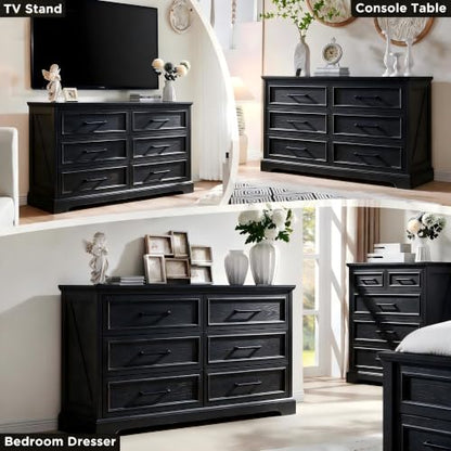 52" Wide Farmhouse 6 Drawer Dresser for Bedroom, Black, view 4