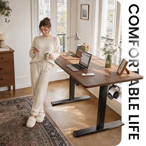 One-Piece Standing Desk, 48 x 24 Electric Height Adjustable Computer Desk, Sit Stand up Home Office Workstations with Whole-Piece Desktop, Black Walnut