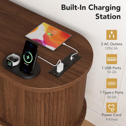 69" Fluted TV Stand for TVs Up to 80" with Charging Station, Walnut, view 6