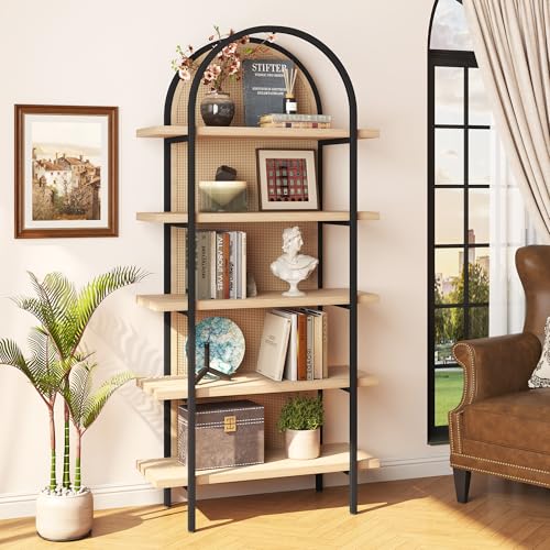 Bookshelf Rattan 5 Tier Arched Bookcase, 74" Tall Industrial Open Book Shelves for Living Room, Modern Freestanding Display Shelving Boho Storage Rack with Metal Frame for Office, Brown