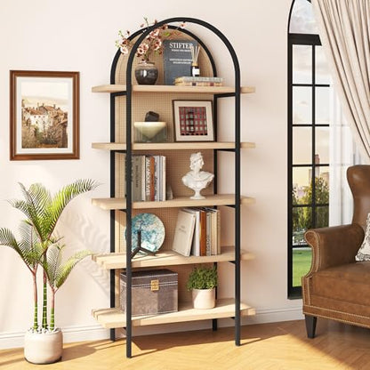 Bookshelf Rattan 5 Tier Arched Bookcase, 74" Tall Industrial Open Book Shelves for Living Room, Modern Freestanding Display Shelving Boho Storage Rack with Metal Frame for Office, Brown