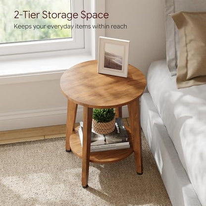 Round Side Table, Small End Table, Nightstand Bedside Table with Tapered Legs, for Living Room, Rustic Walnut