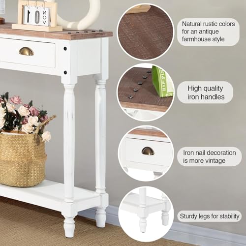 Farmhouse Console Table with 4 Drawers, 60" Long Narrow, White | Boho Sofa Foyer Stand with Large Storage Space, Solid Wood Frame and Legs for Entryway, Hallway, Living Room