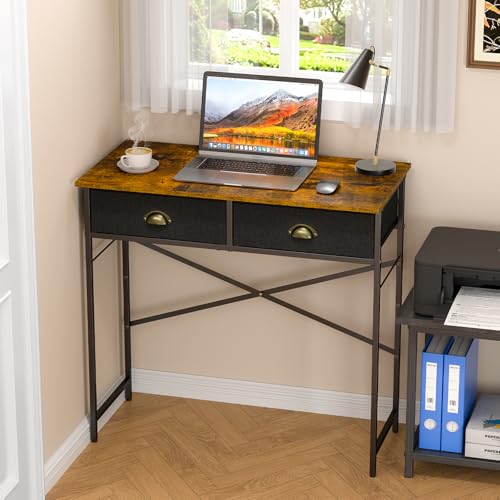 Small Writing Desk for Kids Bedroom, 31.5 Inch Computer Desk for Small Spaces, Simple Desk with 2 Fabric Drawers for Home Office, Dorm, Living Room, Home Study Table, Rustic Brown