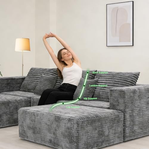 110" U Shaped Sectional Sofa with 2 Ottomans, Modular Corduroy Boneless Cloud Couch, Oversized Deep Seat Sofa for Living Room, Flexible Combination Design, No Assembly Required