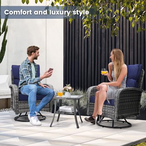 Luxury Outdoor Swivel Wicker Glider Patio Chairs with Table Set | Overstuffed Washable Cushions, Ideal for Porch, Balcony, Deck