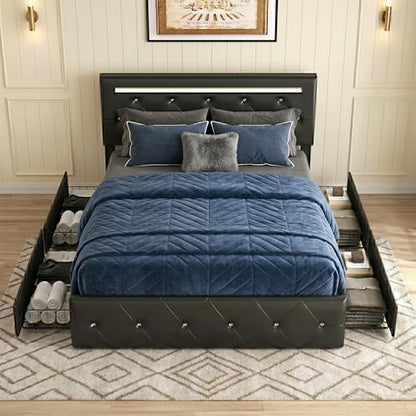 Full Bed Frames with Headboard - Upholstered Leather Bed Frame, Adjustable Headboard 2 Storage Drawers 12 Metal Slats, Noise-Free, Easy Assembly No Box Spring Needed Black