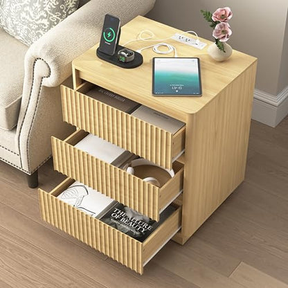 End Table Set of 2 with Fast USB C Charging Station, Sofa Side Table with 3Drawers, Large Storage Modern Wood Storage Cabinet for Living Room,Bedroom,Office, Natural