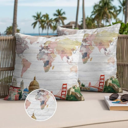 World Map Waterproof Outdoor Pillow Covers Set of 2 Home Decor, Famous Building Tourism Bridge Wood Grain Pillowcase Patio Pillow Covers for Couch Bench Patio Furniture Garden 24x24in