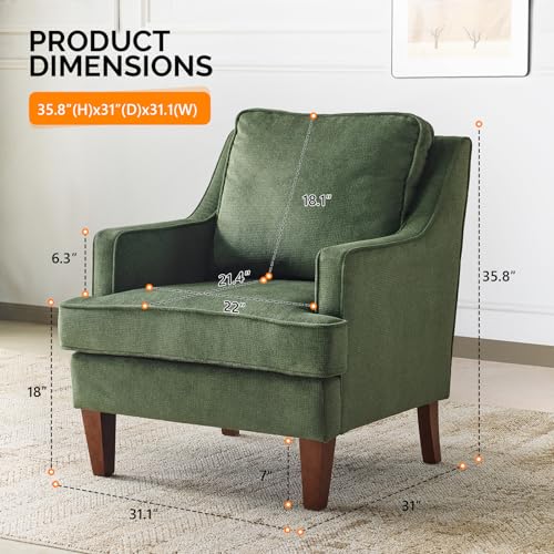Mid-Century Modern Accent Chairs Set of 2, Green Upholstered Armchair Comfy Sofa Chairs Reading Chair High Back for Living Room Bedroom Furniture Apartment