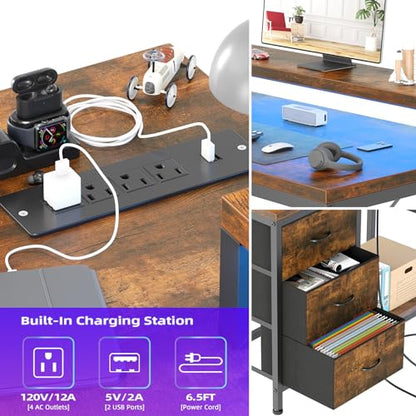 L Shaped Desk with Power Outlets & LED Lights, Computer Desk with Drawers & Shelves, Corner Desk Gaming Desk Home Office Desk, Rustic Brown