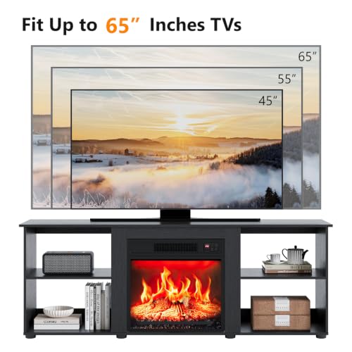 58" Fireplace TV Stand for Living Room, 4 Open Shelves, Black, view 6