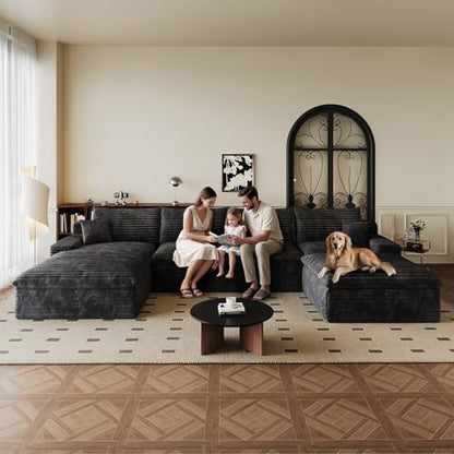 136" Cloud Sectional Couch U-Shaped Chaise with Ottoman, Corduroy Boneless Couch for Living Room Bedroom, Deep-Seat Upholstered Modular Cloud Sofa, No Assembly Required (Black, Left Facing Chaise)