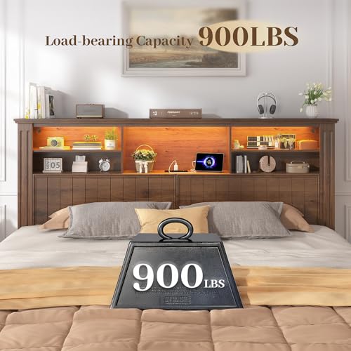 King Bed Frame with 4 Storage Drawers and Headboard Shelf,Brown, view 5