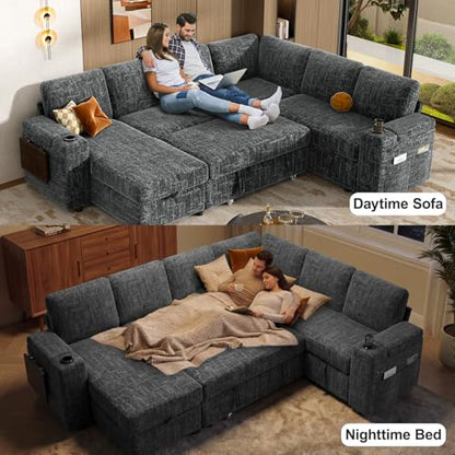 111" Modular Sectional Sleeper Sofa with Pull Out Bed, 7 Seat Chenille L Shaped Couch with USB Ports|Cup Holders|Side Table|Storage Chaise, Tool Free Assembly, Grey