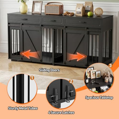 71" Double Dog Crate Furniture with 3 Drawers, view 7