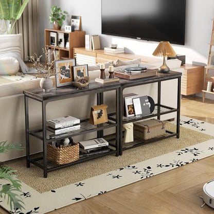 32" Small Console Table with 3-Tier Storage, Industrial Narrow Entryway Table, Sofa Table Behind Couch for Hallway, Foyer & Living Room, Sturdy Metal Frame, Oak Grey