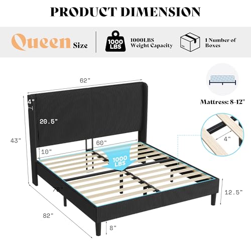 Queen Bed Frame, Upholstered Platform Bed with Corduroy Headboard, Black, view 3