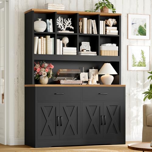 Storage Cabinet with Doors and Drawers, Pantry Cabinets, 5 Tier Floor Standing Bookshelves, Bookshelf and Bookcase, 8 Open Storage Shelves and Printer Stand for Study, Living Room, Office