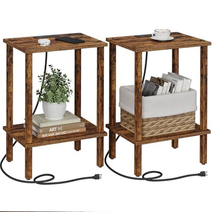 End Table with Charging Station, Set of 2, Small Side Table with Outlets, Nightstand Bedside Table, 2-Tier Storage Shelf for Small Space, Living Room, Bedroom Brown TB01BB041C