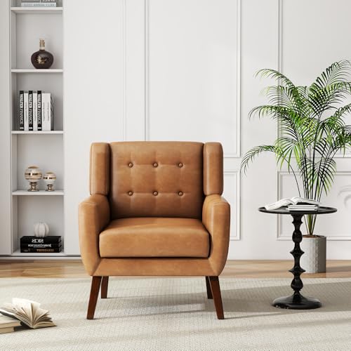 Faux Leather Accent Chairs Set of 4, Modern Arm Club Chair Upholstered Armchair for Living Room, Comfy Single Sofa Seats Button Tufted Reading Seating, Brown