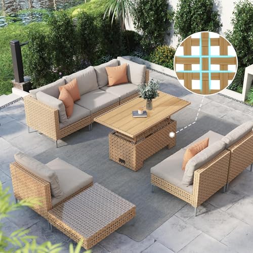 8-Piece Wicker Patio Furniture Set with Lift Top Coffee Storage Table, Outdoor Conversation Set Sectional Sofa with Water Resistant Thick Cushions, Cream
