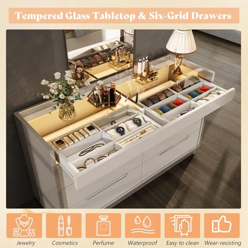 47.2" W 8-Drawer Dresser with Glass Top, High Gloss, Cream & Grey, view 4