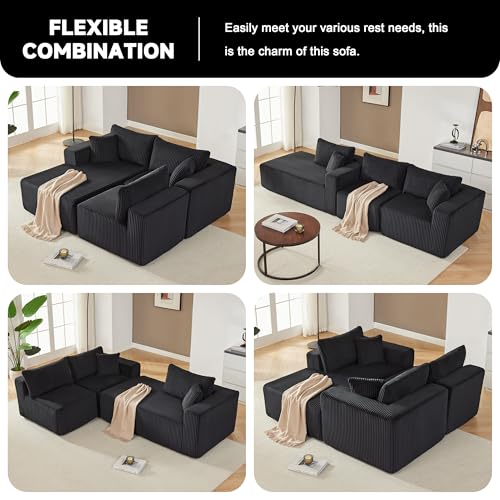97" Boneless Couches for Living Room, Cloud Couch Sectional with Deep Seat, Comfy Couch with L-Shaped Chaise, Minimalist Upholstered Modular Sectional Sofa, No Assembly Required (Corduroy,Black)