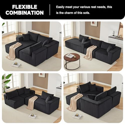 97" Boneless Couches for Living Room, Cloud Couch Sectional with Deep Seat, Comfy Couch with L-Shaped Chaise, Minimalist Upholstered Modular Sectional Sofa, No Assembly Required (Corduroy,Black)