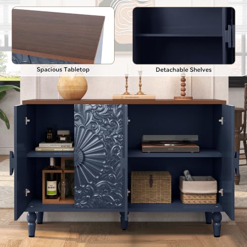 Blue Sideboard Buffet Cabinet with Embossed Floral Doors, view 5