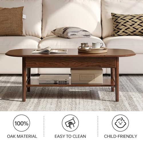 100% Solid Oak Wood Coffee Table for Living Room, 2-Tier Mid-Century Modern Table with 2 Drawers & Open Shelf, Living Room Table with Rounded Corner for Home (Oak Walnut Finish, 47.24'' W)