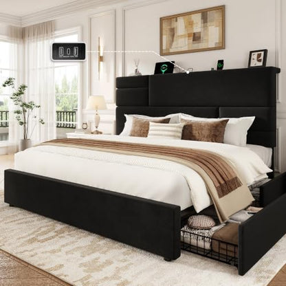 King Size Storage Bed Frame Velvet Upholstered Platform Bed, Black, view 2